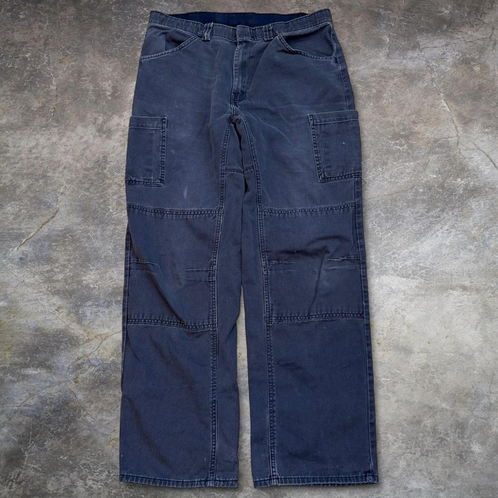 Red Kap Navy Blue Double Knee Distressed Pants Men's 35x32.5 Grunge Workwear Y2K